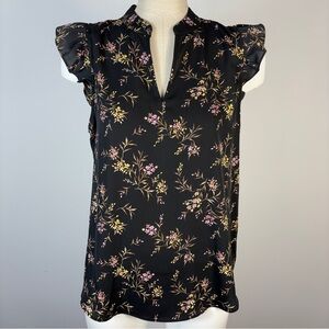 RW&CO. Black Floral Blouse with Ruffle Sleeves S